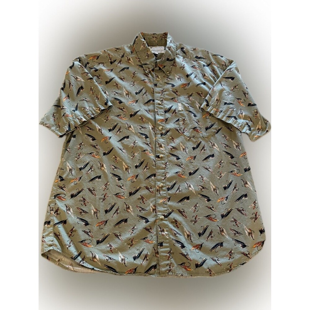 Vintage Columbia Fly Fishing Lure Print Button Shirt Men’s XL Cotton